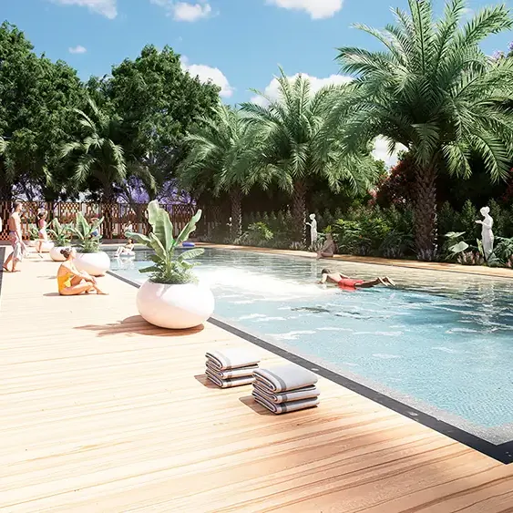 Amberstone Vectra, Sarjapur Road, artistic impression A swimming pool with a timber deck and palms at Amberstone Vectra