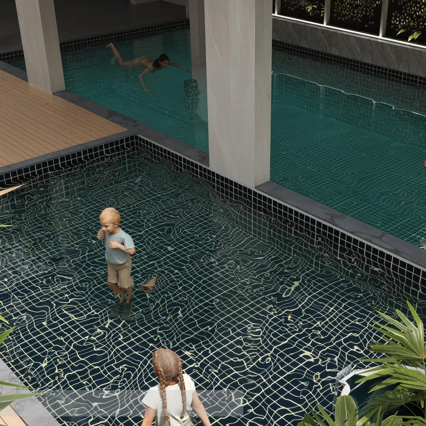 The Ninth by Amberstone, JP Nagar 9th Phase, artistic impression A shallow kids’ pool beside the main pool at The Ninth by Amberstone