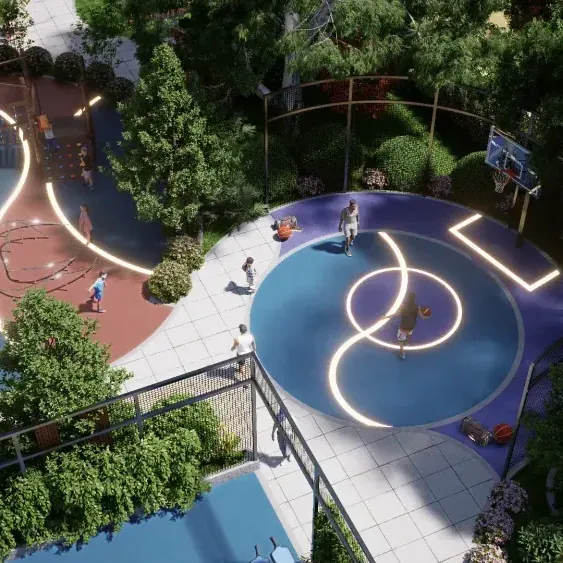 Amberstone Vectra, Sarjapur Road, artistic impression A circular sports court with lit markings among gardens at Amberstone Vectra