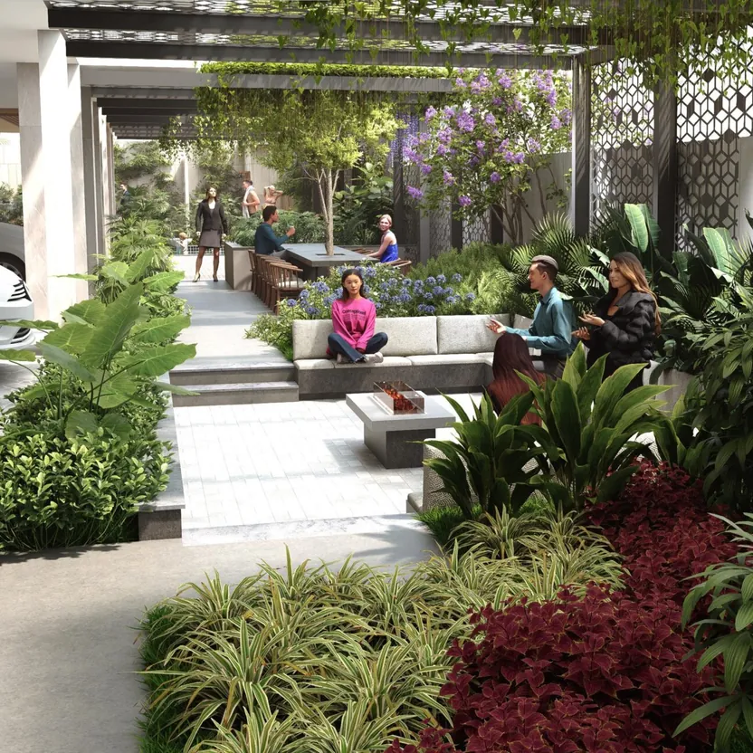 The Ninth by Amberstone, JP Nagar 9th Phase, artistic impression A planted courtyard with seating under pergolas at The Ninth by Amberstone