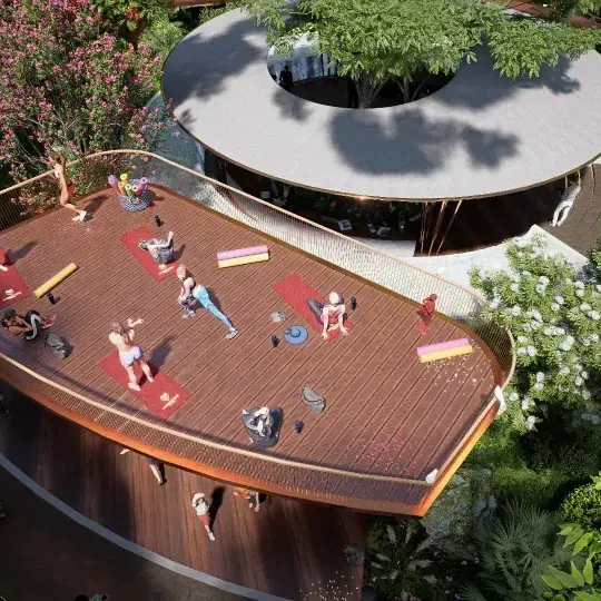 Amberstone Vectra, Sarjapur Road, artistic impression A raised timber yoga deck among trees at Amberstone Vectra