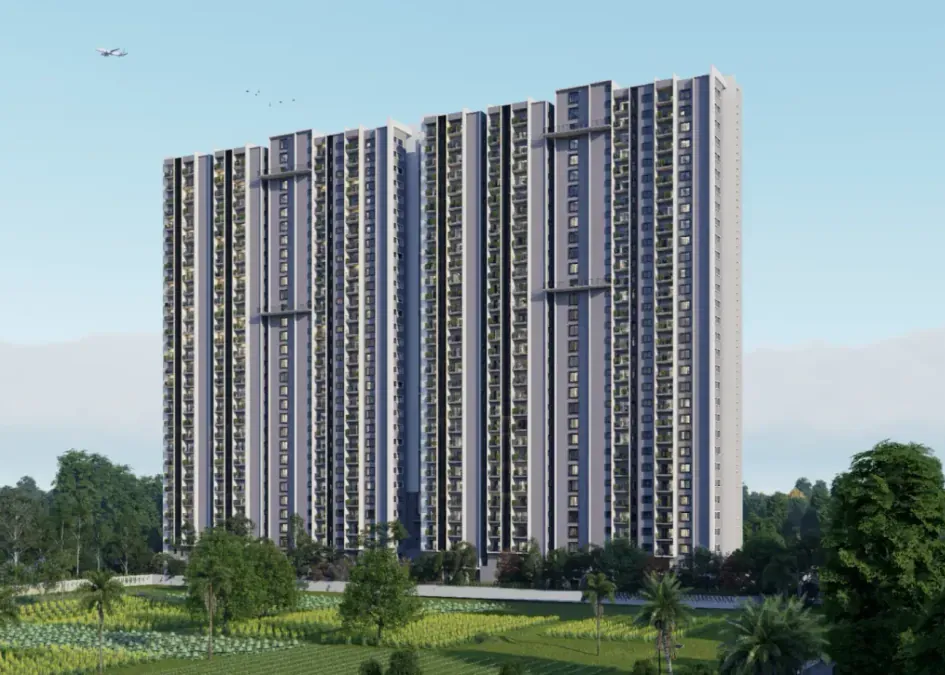 Amberstone Vectra, Sarjapur Road, artistic impression Twin high-rise towers rising over a green landscape at Amberstone Vectra