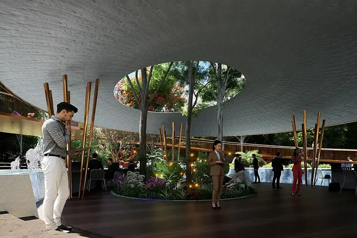 A pavilion with a round skylight over a planted court